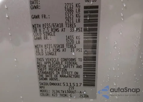 2019 Infiniti Qx60 Luxe z USA, uszkodzony, nr VIN 5N1DL0MNXKC511517